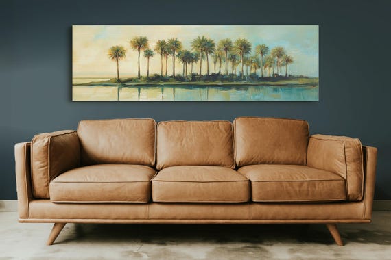 Palm Tree Wall Art Coastal Landscape Print Tropical Beach Decor Seaside Panorama Painting Ocean Sunset Art Island Serenity