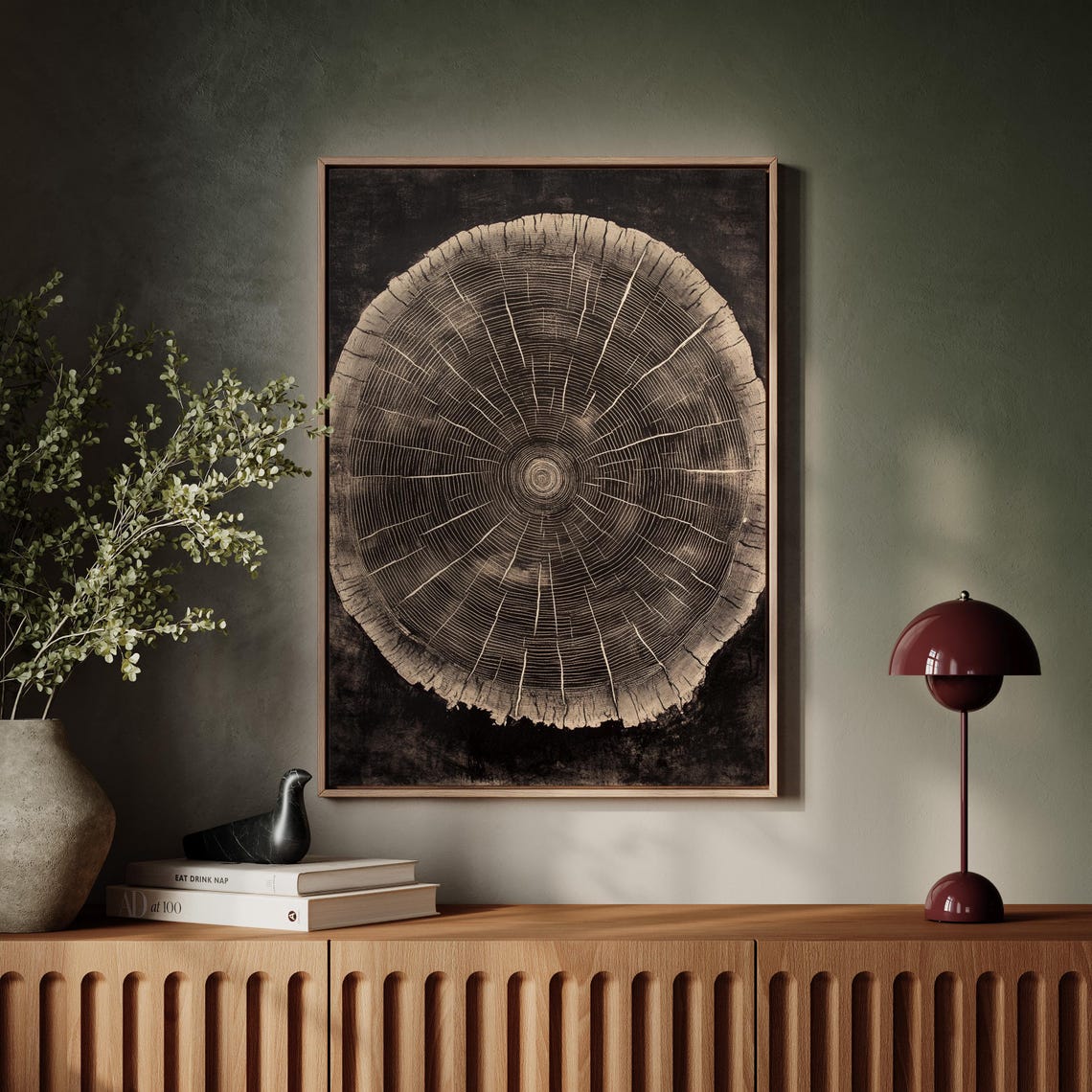Beige Tree Ring Radiating Fine Lines On Black Botanical Poster