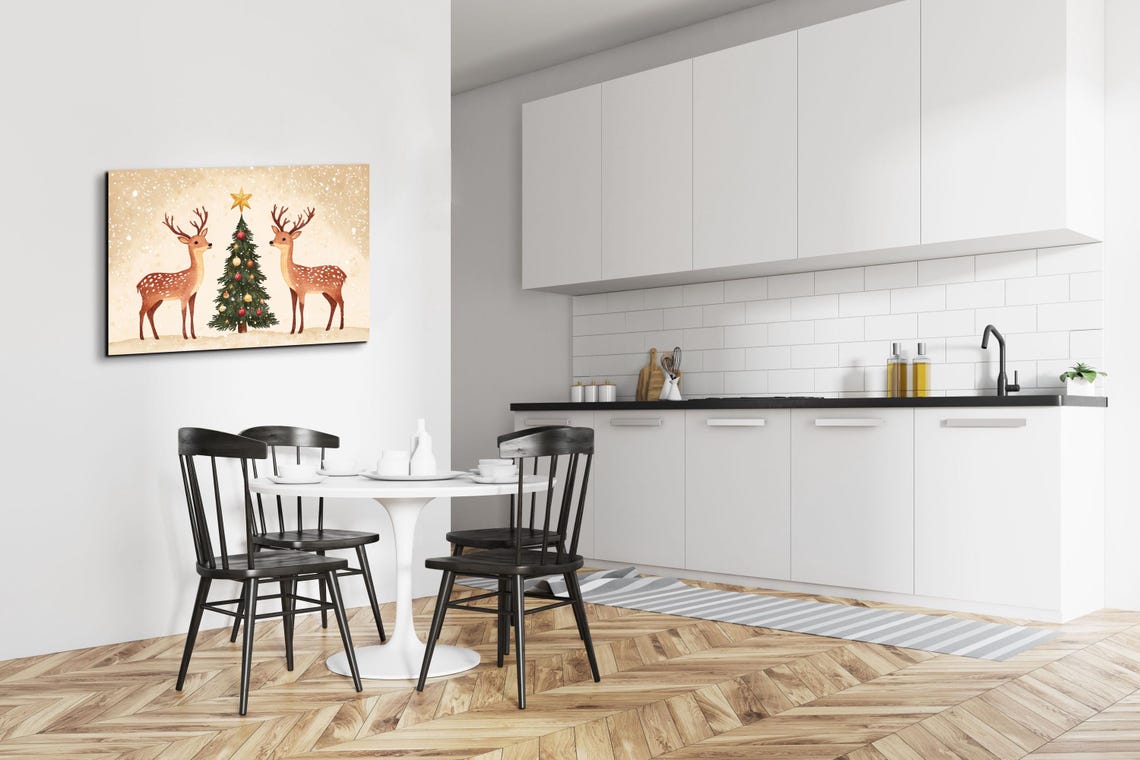 Two Deer Christmas Tree Gold Star Snowy Vintage Holiday Scene Poster - Image 3