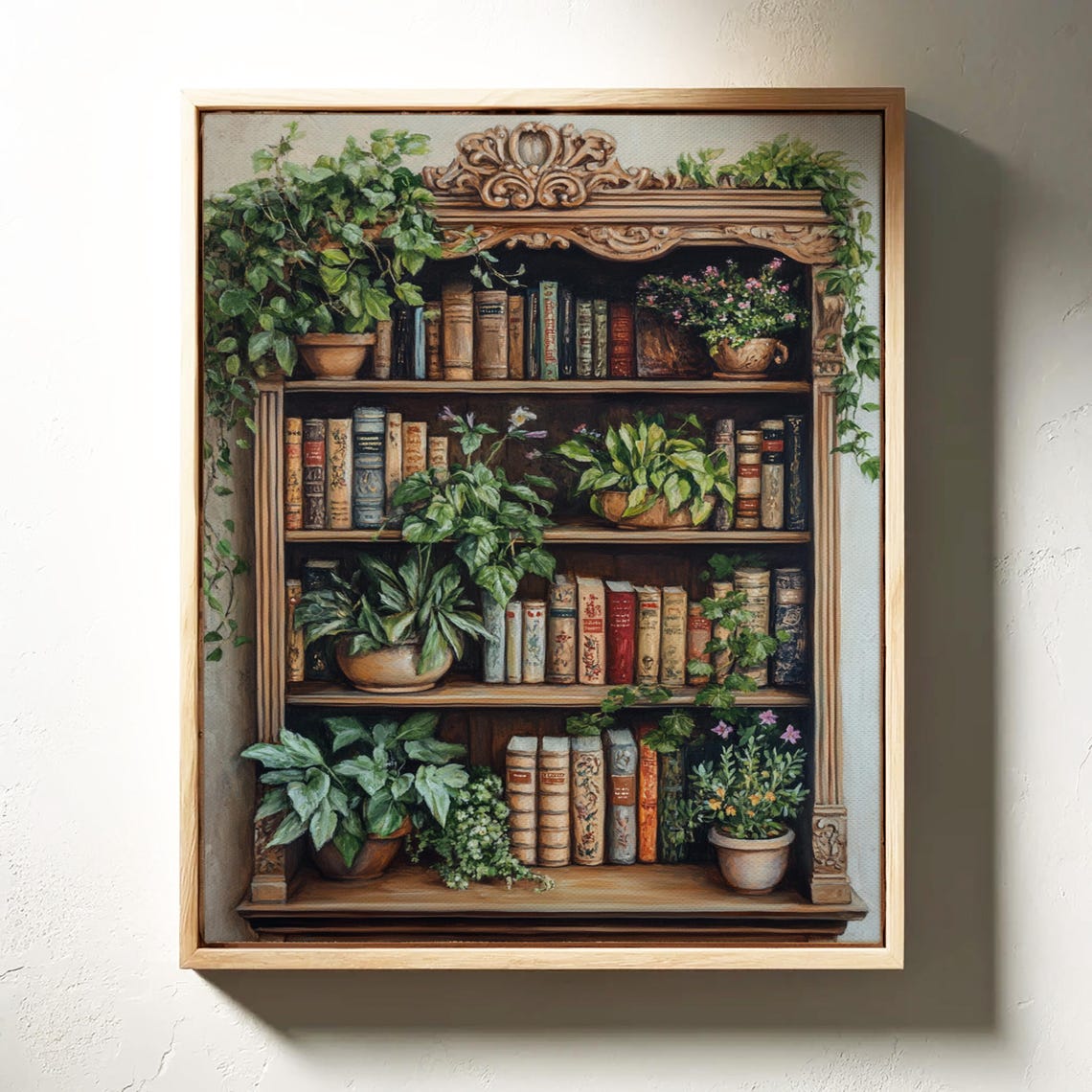 Vintage Carved Bookshelf Filled With Books and Trailing Plants Poster - Image 6