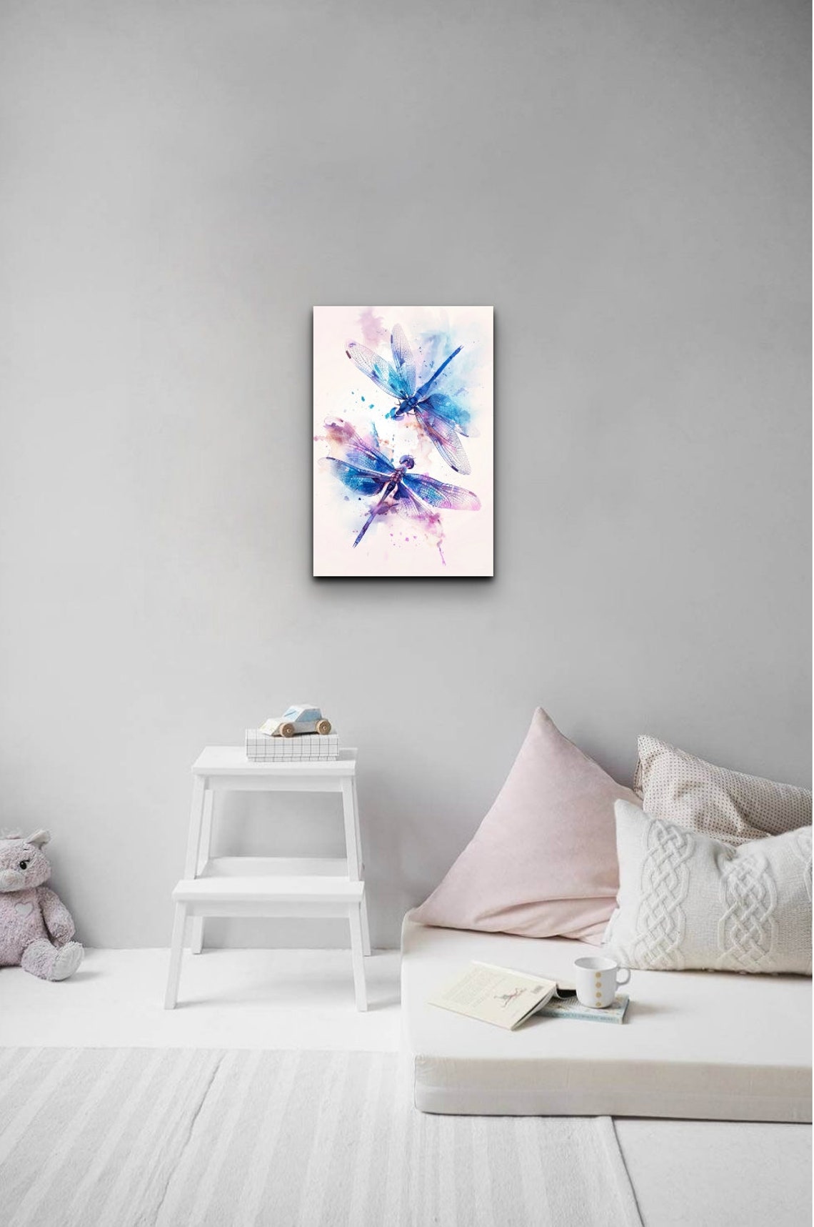 Two Delicate Dragonflies Dancing In Soft Blue Purple Watercolor Poster - Image 3