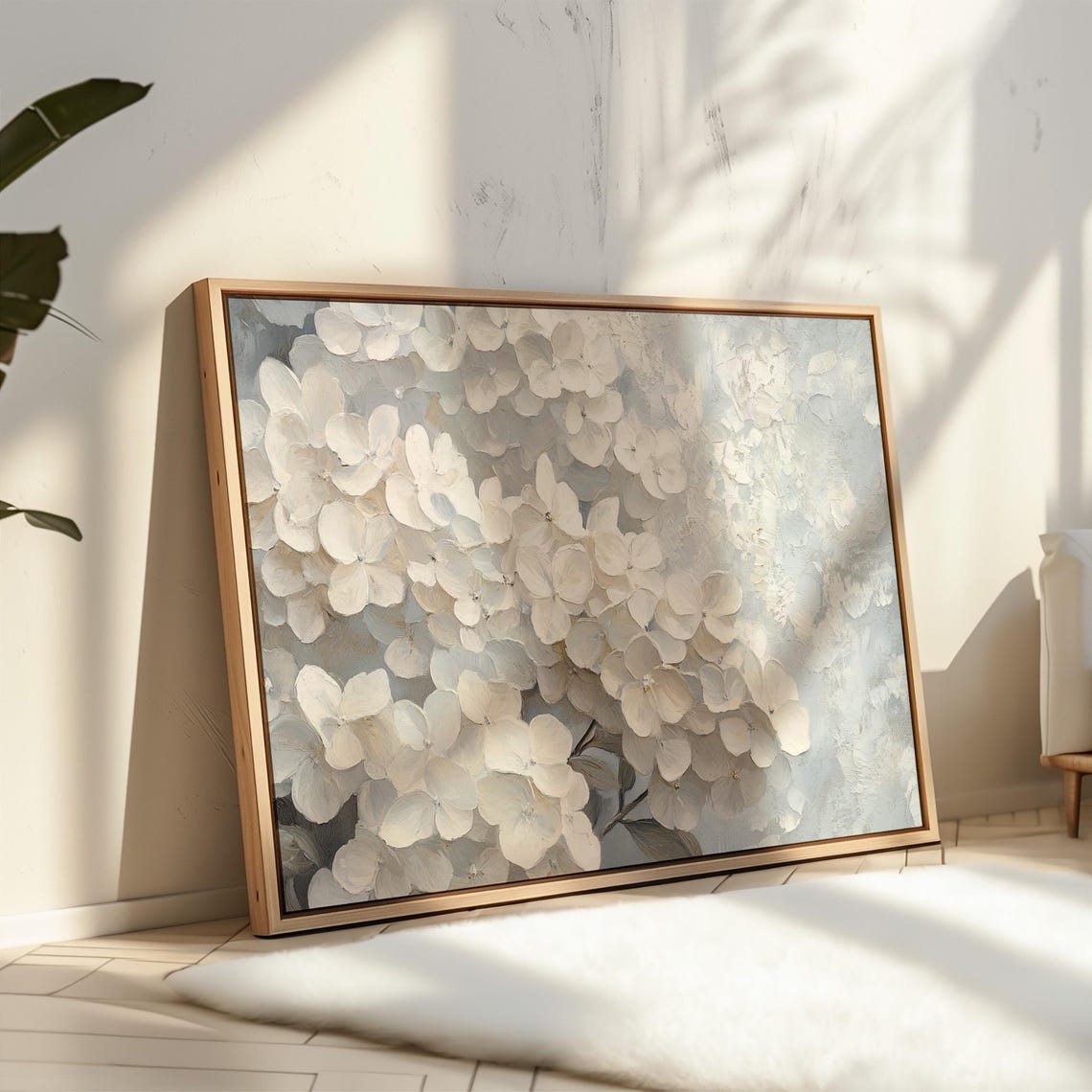 Elegant White Hydrangea Textured Floral Painting on Blue Poster - Image 4