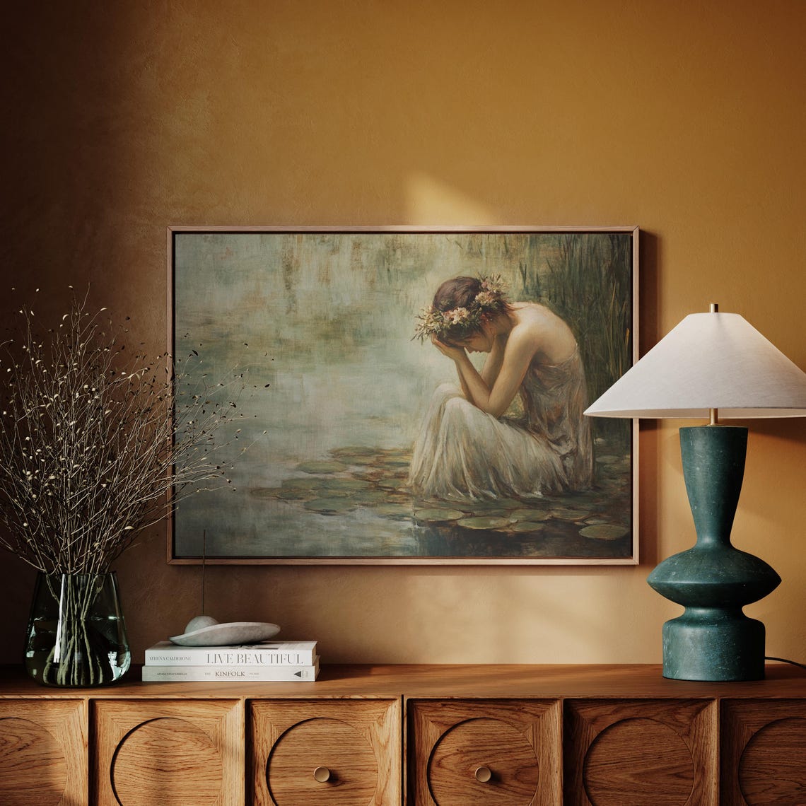 Melancholic Woman with Flower Crown Sitting Among Lily Pads Poster - Image 4