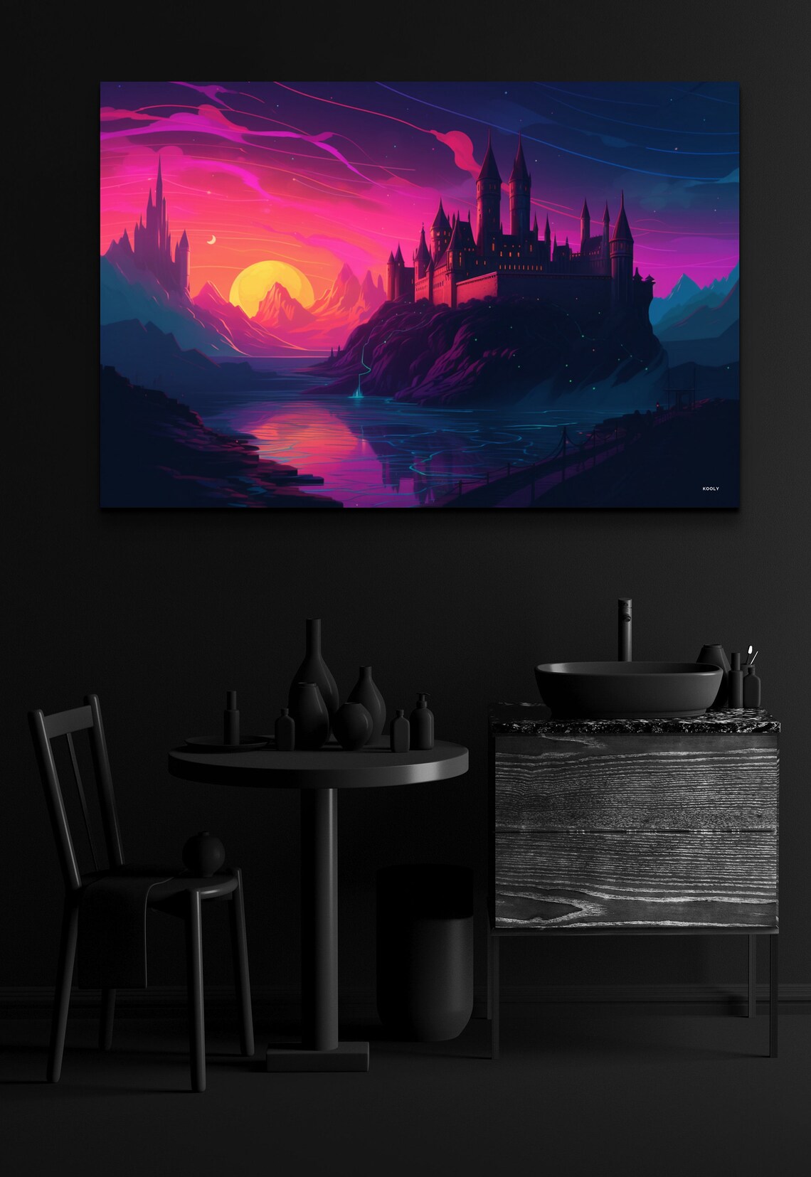 Mystic Fantasy Castle Sunset Lake Neon Pink Dream Sky Art Poster - Image 4