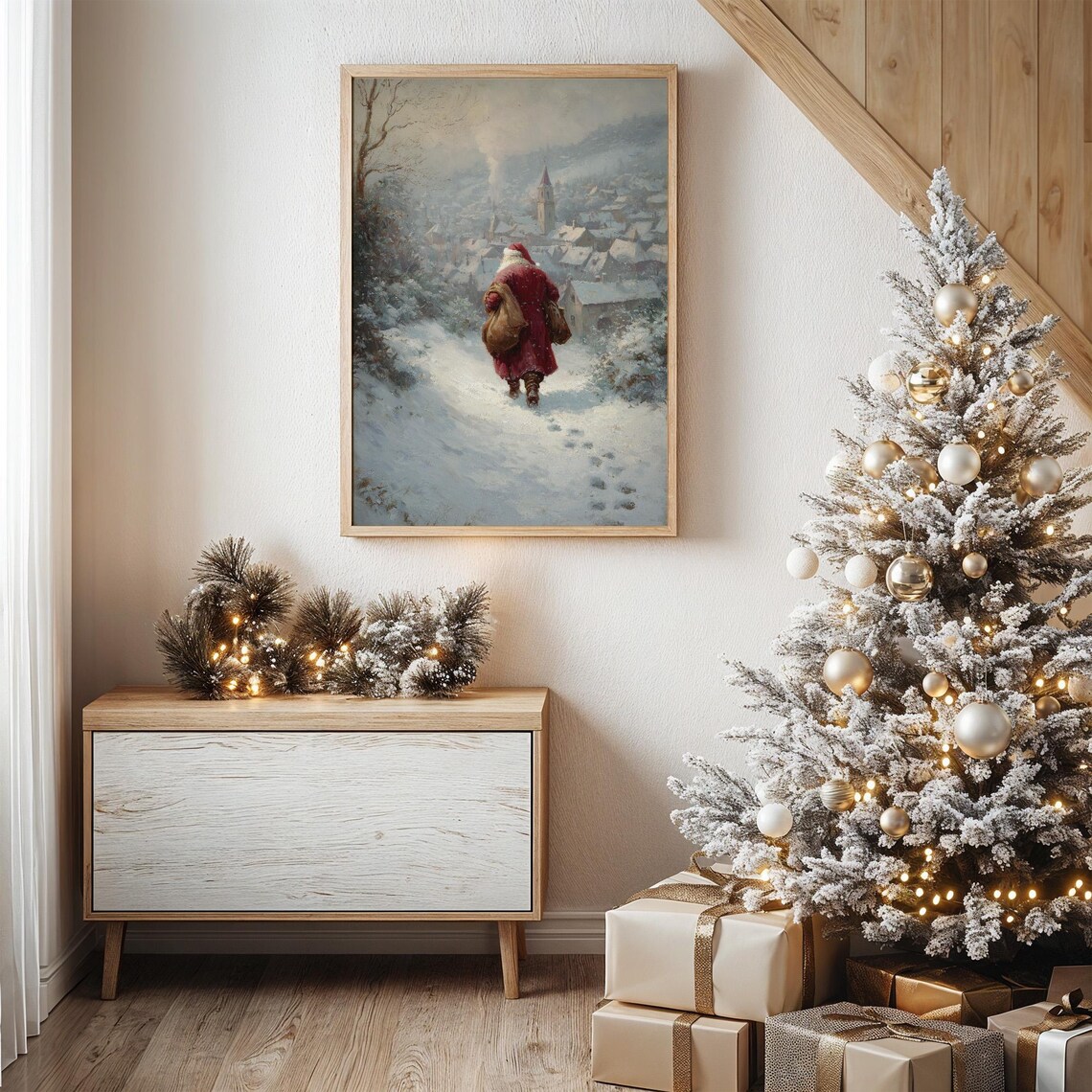 Santa Walking Down Snowy Hill Toward Village Art Print