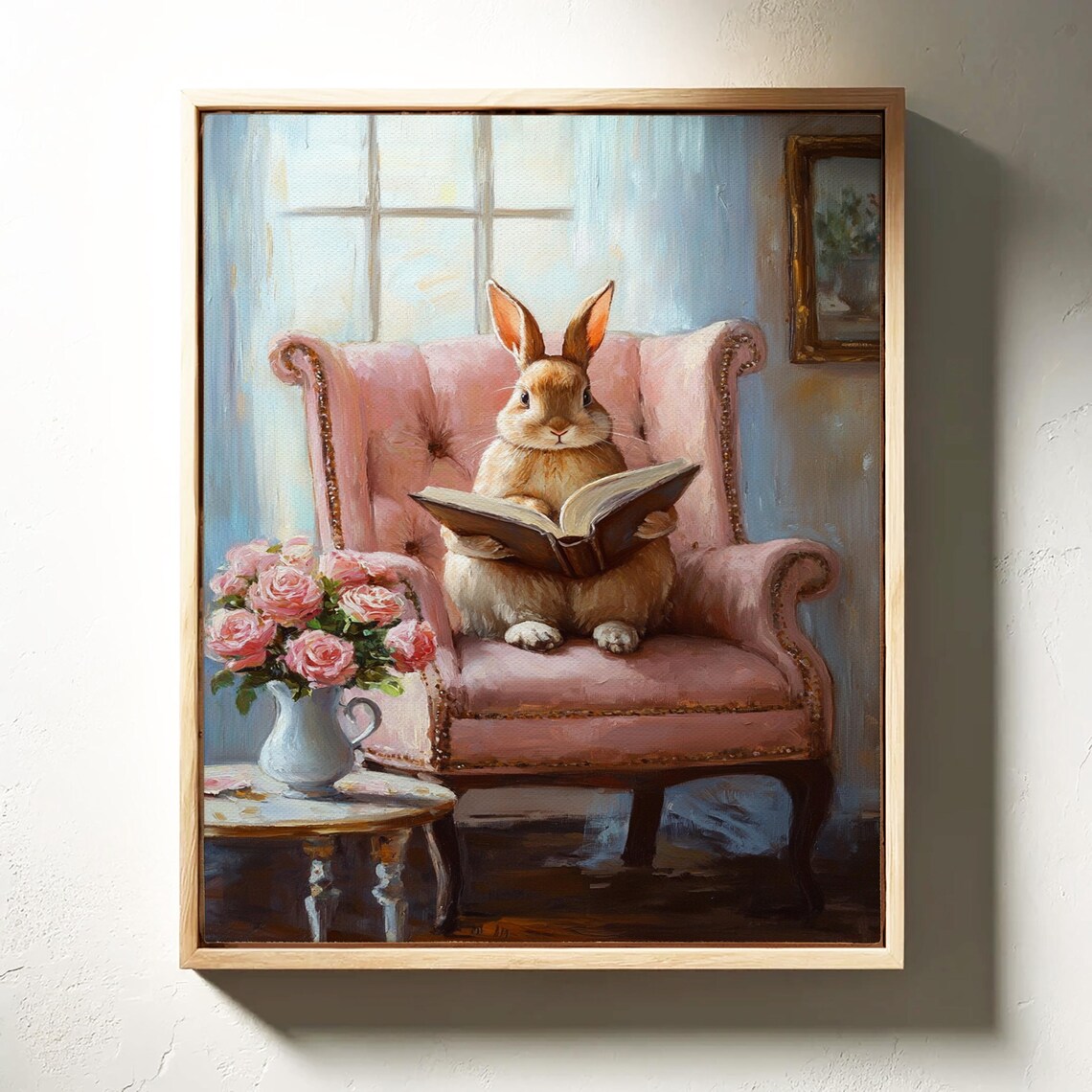 Bunny Reading Book in Pink Armchair With Roses Whimsical Painting Wall Art - Image 5