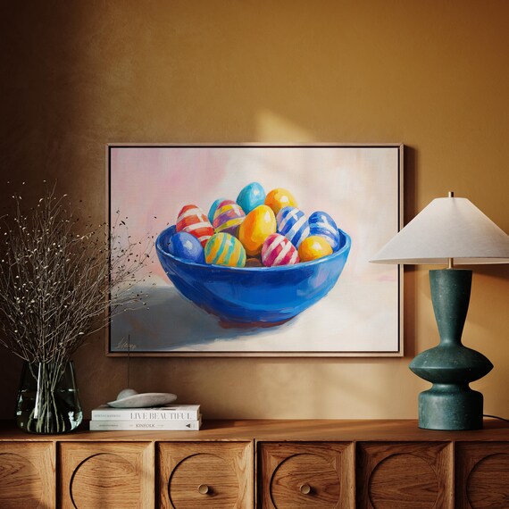 Colorful Easter Eggs in Blue Bowl Cheerful Spring Still Life Wall Art