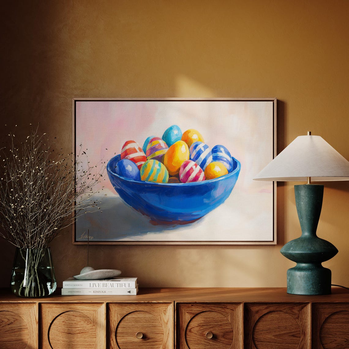 Colorful Easter Eggs in Blue Bowl Cheerful Spring Still Life Wall Art