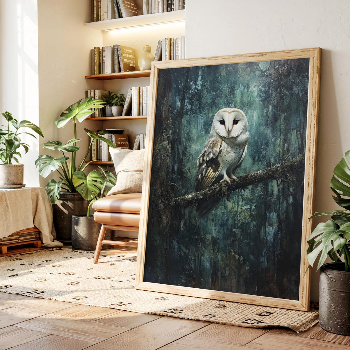 Barn Owl On Branch In Dark Forest Nocturnal Bird Painting Poster