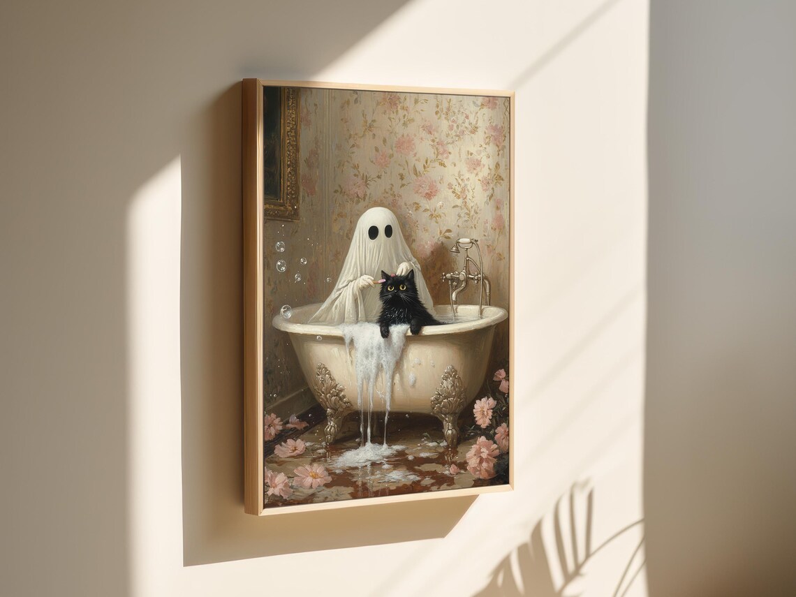 Vintage Ghost And Cat Bath Scene, Gothic Art Print - Image 3