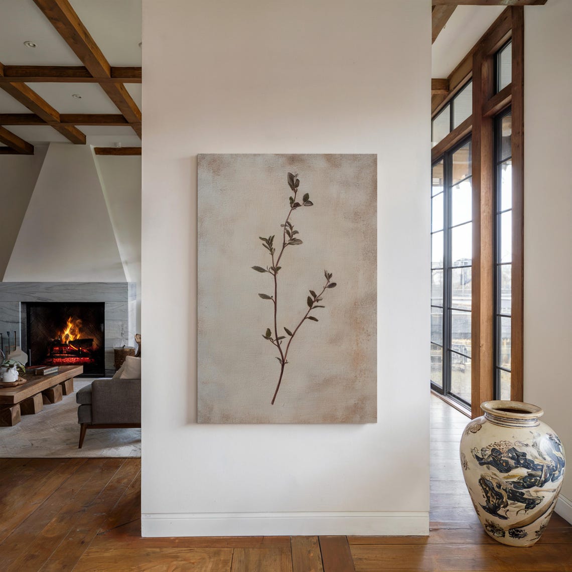 Delicate Leafy Branch on Textured Canvas Minimalist Botanical Poster - Image 2