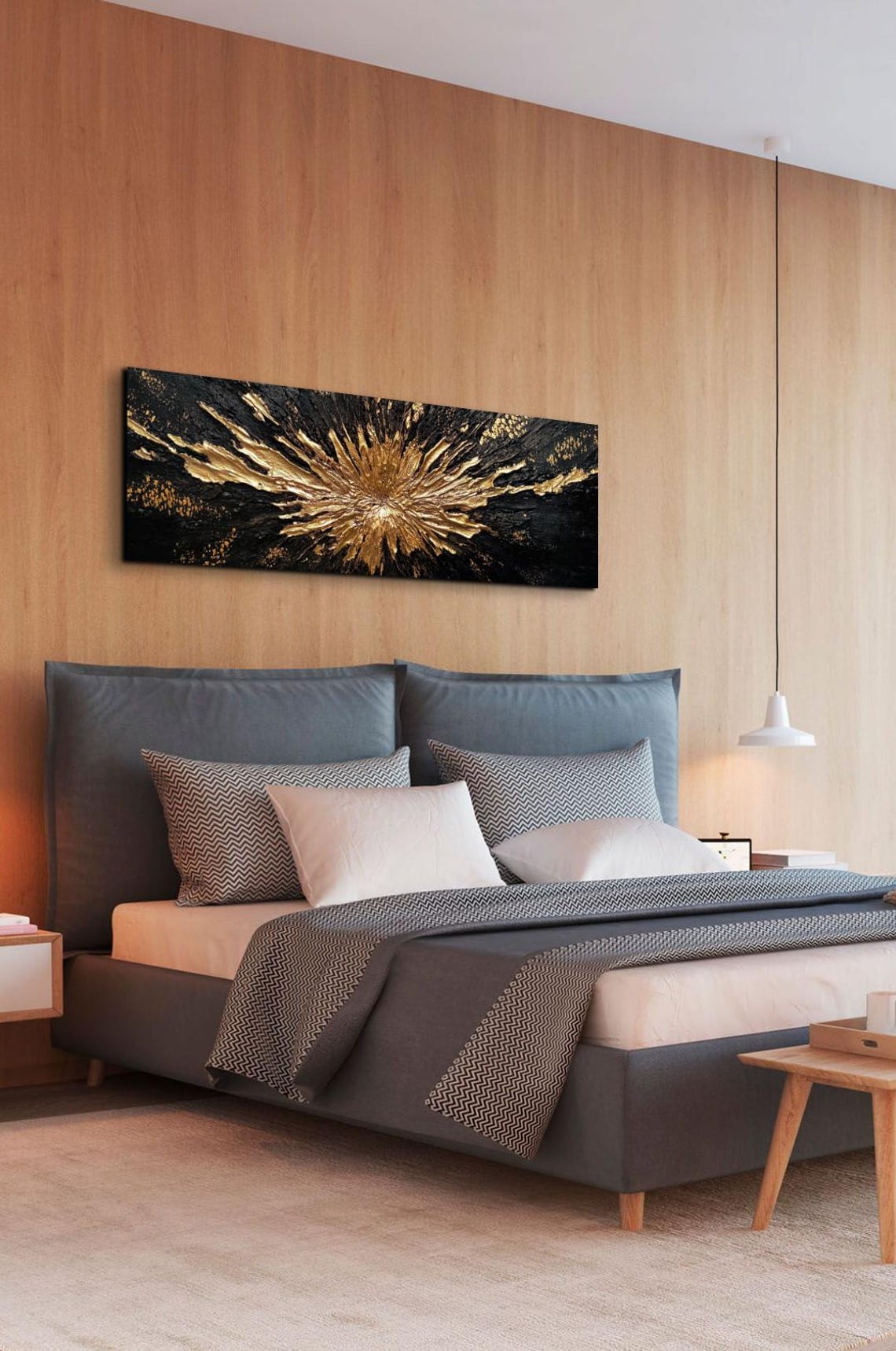 Gold Splash Burst On Black Textured Abstract Panoramic Art Poster - Image 5