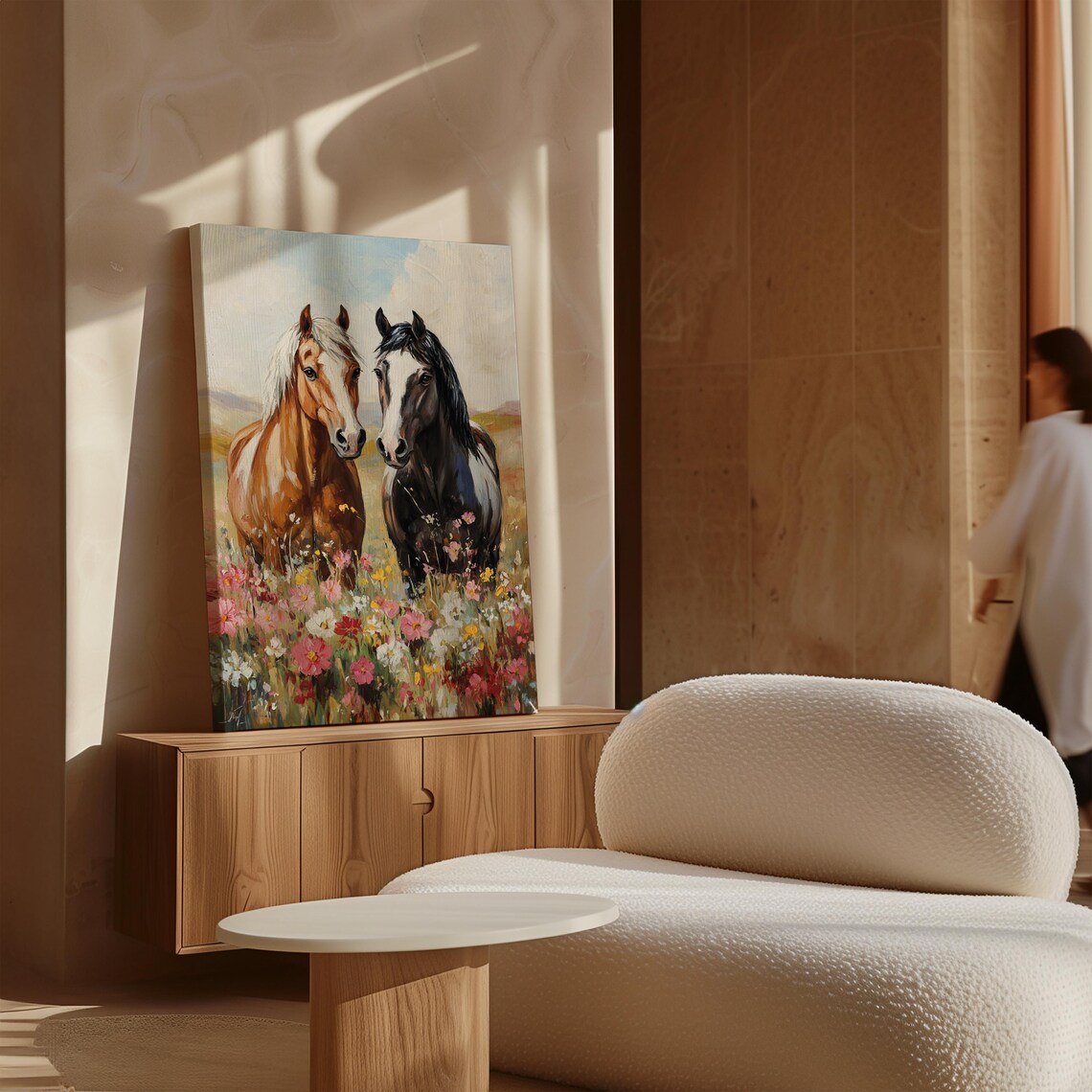 Pair of Horses Standing Together in Wildflower Field Pastoral Poster - Image 3