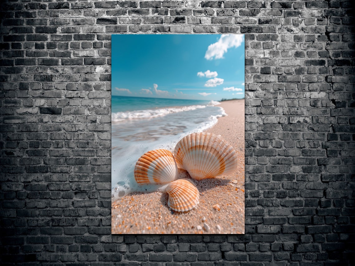 Three Scallop Seashells Arranged on Sand with Sea Foam Poster - Image 2