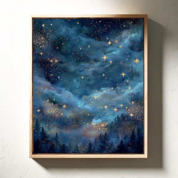 Starry Night Sky Over Midnight Forest