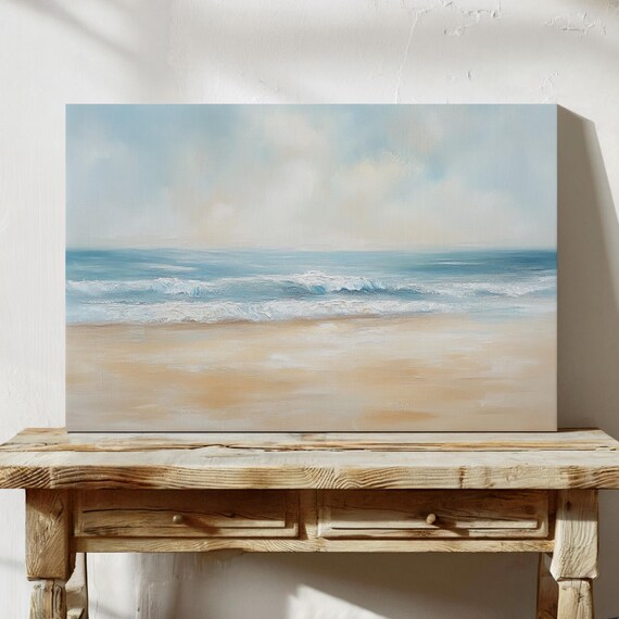 Serene Beach Scene Soft Ocean Waves Sandy Shore Pastel Coastal Poster