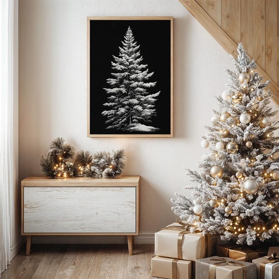 Snow Covered Pine Tree Black And White Wall Art