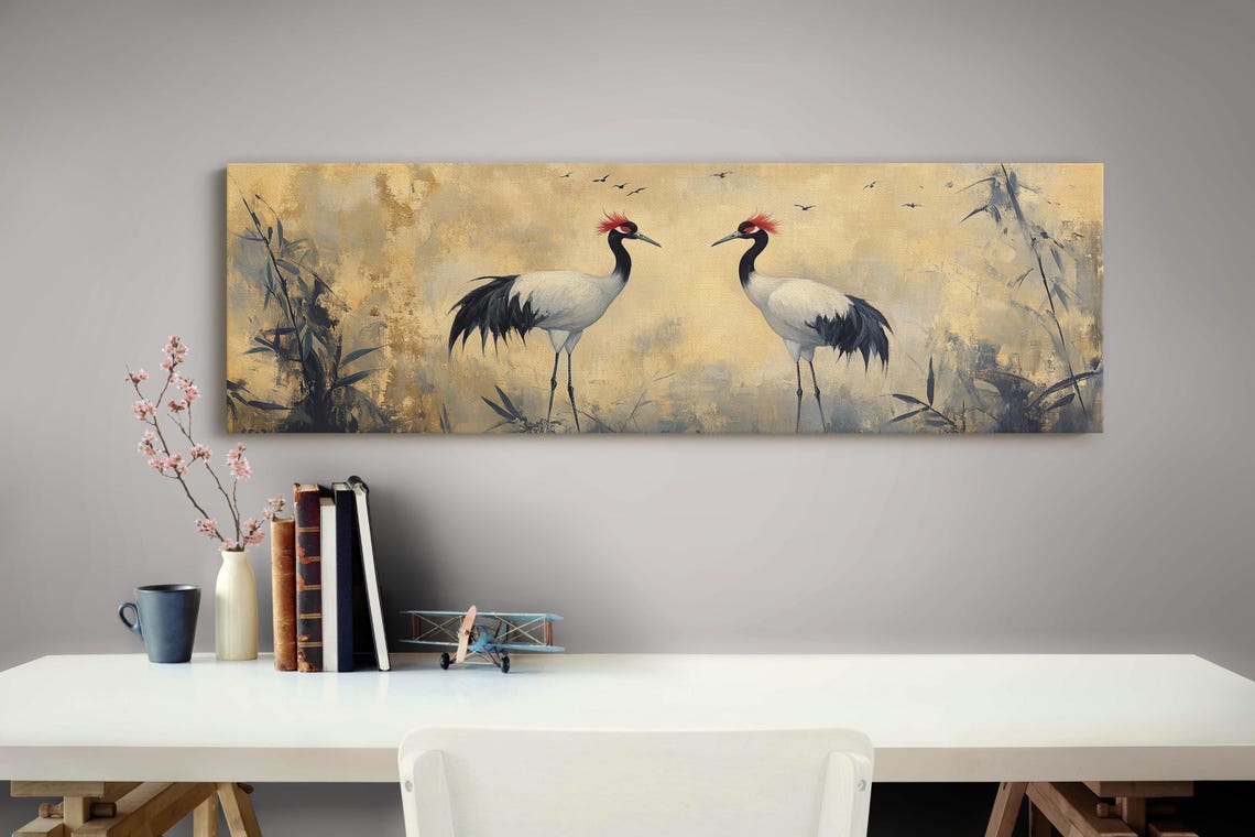Mirrored Pair Red Crowned Cranes Misty Gold Asian Bamboo Art Poster - Image 3