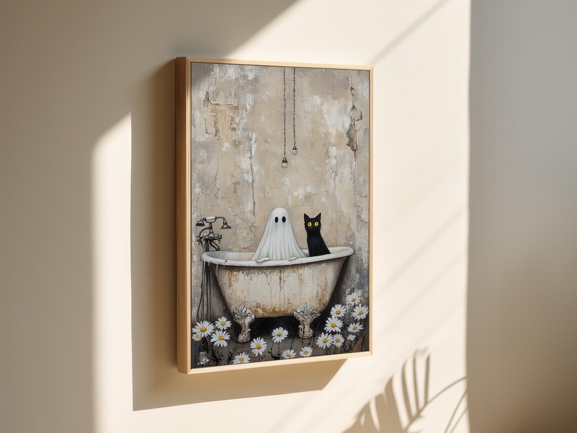 Whimsical Ghost And Black Cat In Rustic Bathtub Daisies Halloween Wall Poster - Image 2