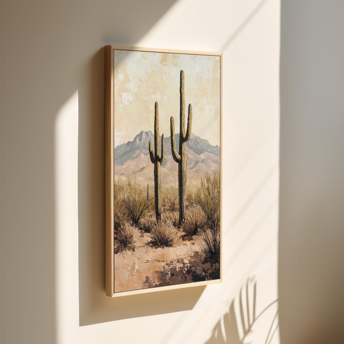 Warm Vintage Desert Painting of Saguaros Before Hazy Mountains Poster - Image 3