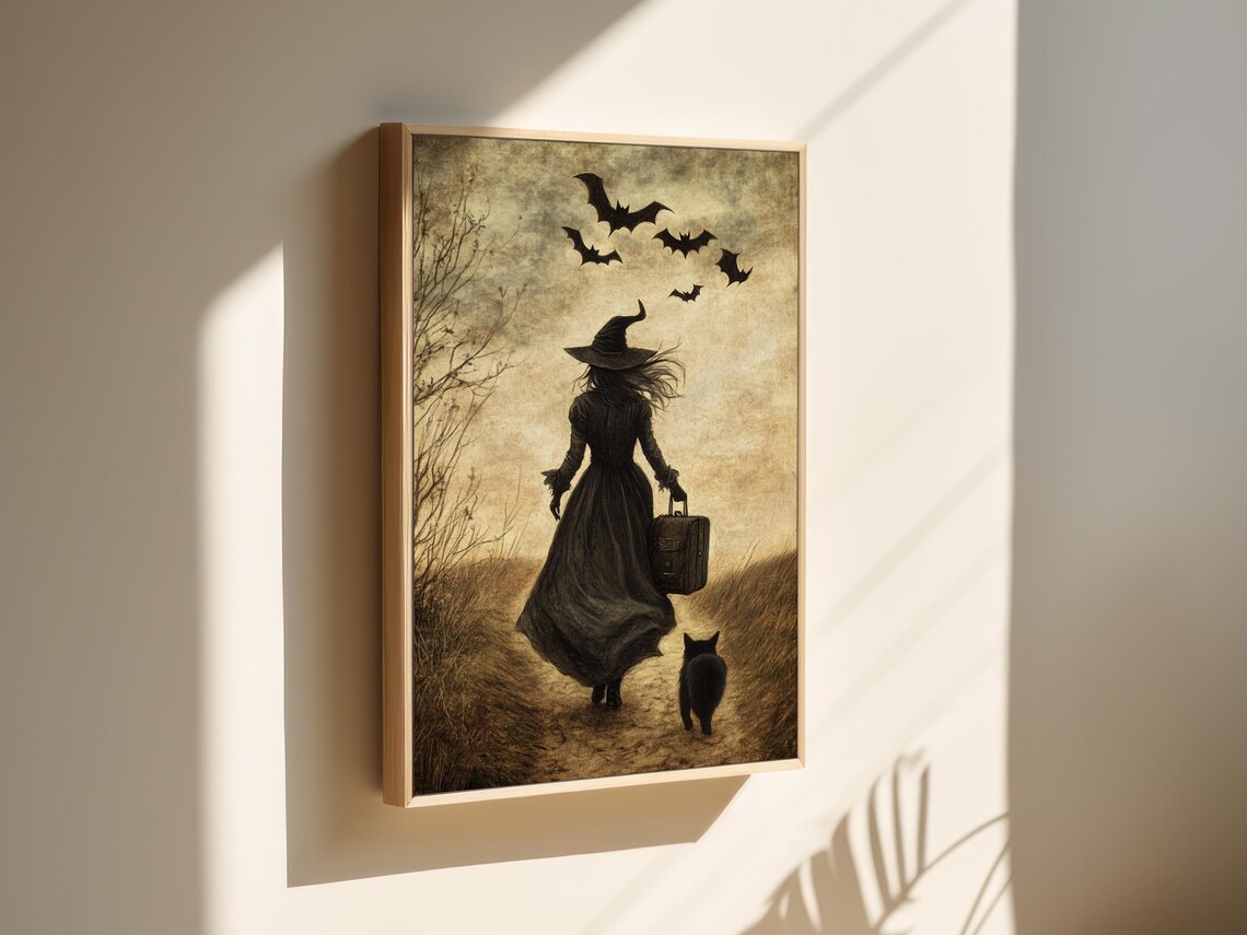 Witch Walking With Black Cat Bats Vintage Spooky Gothic Halloween Poster - Image 3