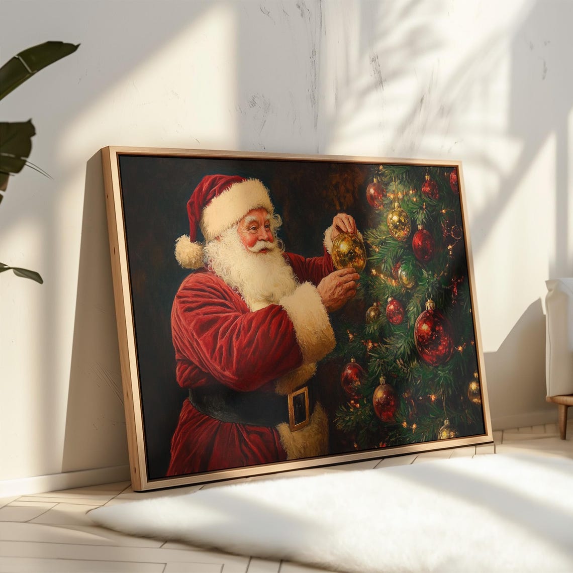 Santa Claus Hanging Gold Ornament on Christmas Tree Vintage Poster