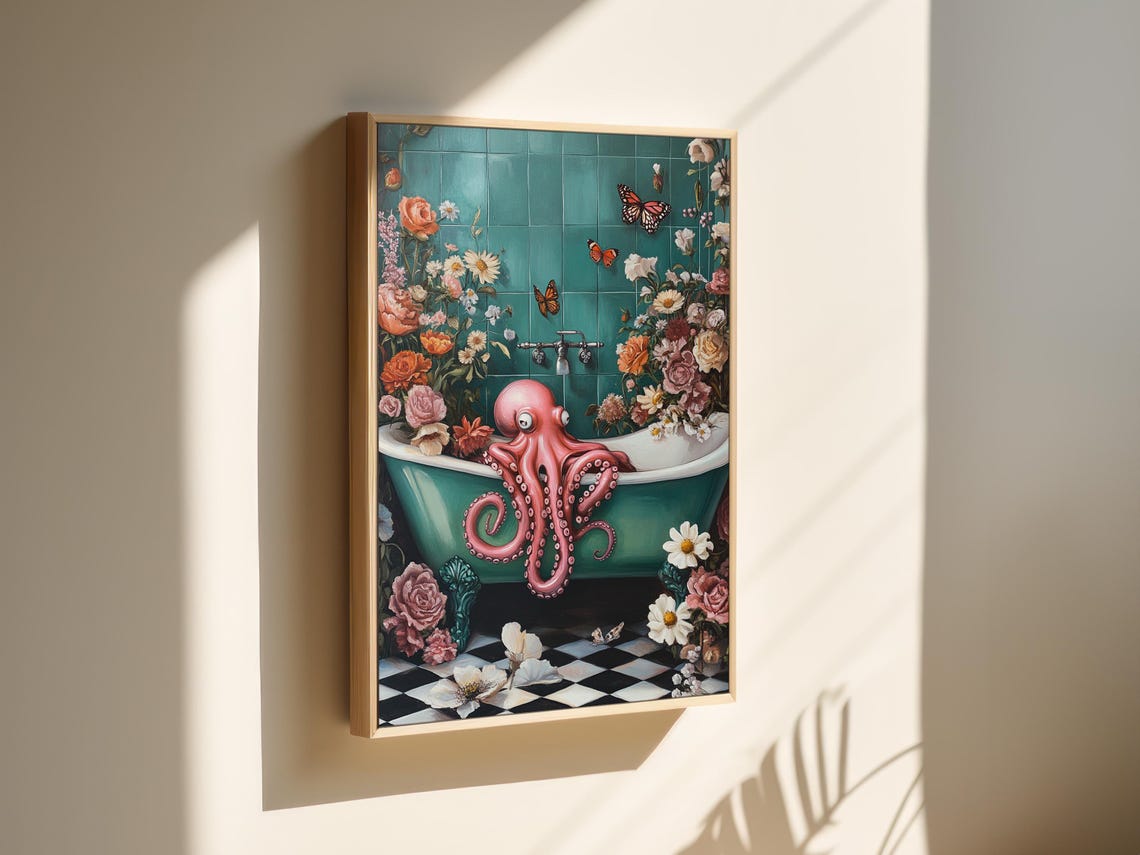 Whimsical Octopus In Floral Bathtub Surreal Pink Bathroom Poster - Image 4