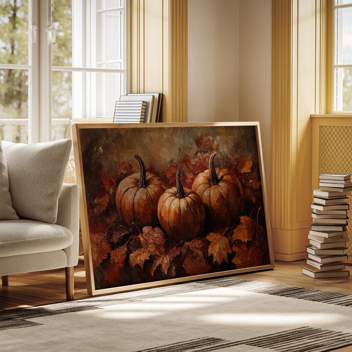 Three Pumpkins Among Autumn Leaves Moody Fall Harvest Still Life Poster