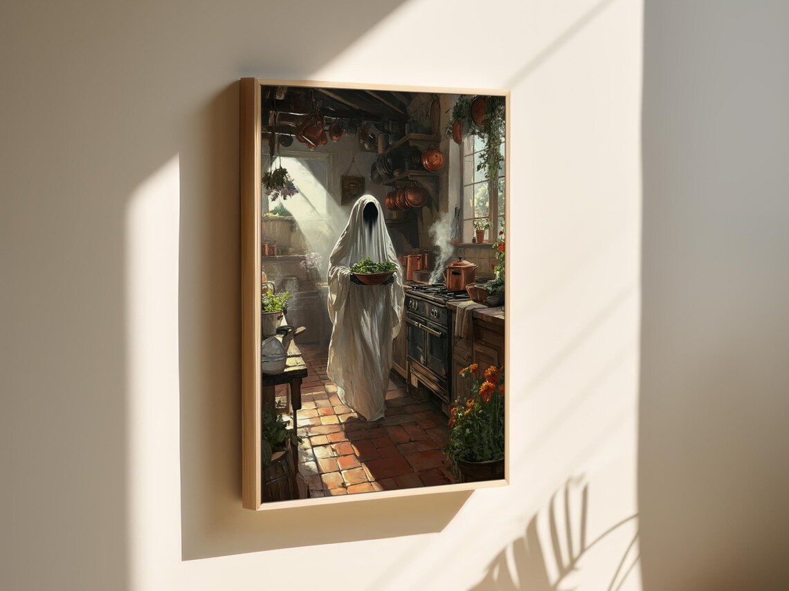 Rustic Kitchen Ghost Art, Whimsical Haunted Farmhouse Scene - Image 3