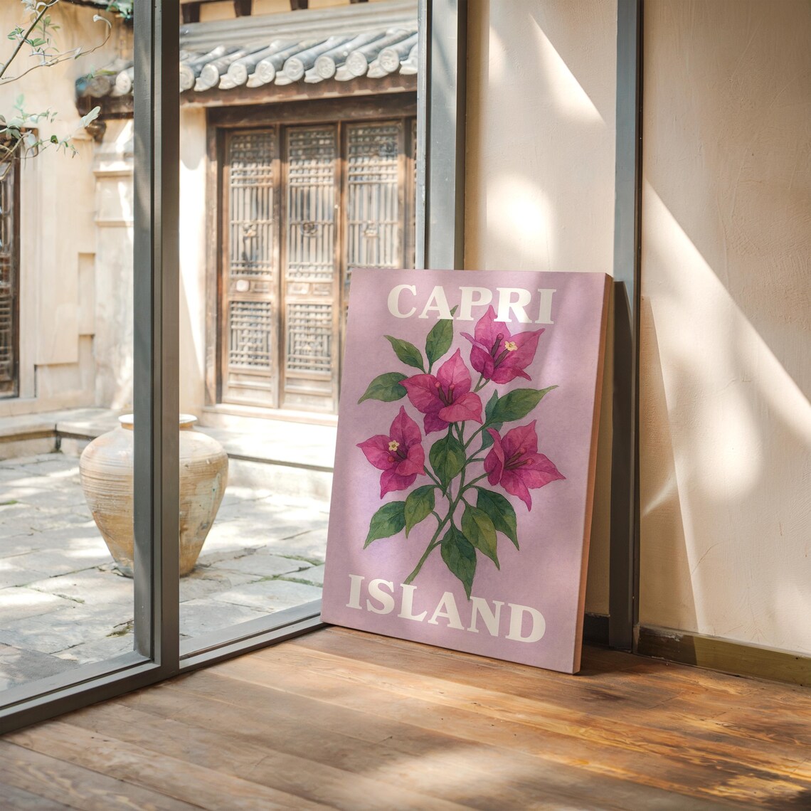 Capri Island Bougainvillea Watercolor Travel Poster Pink Floral Art