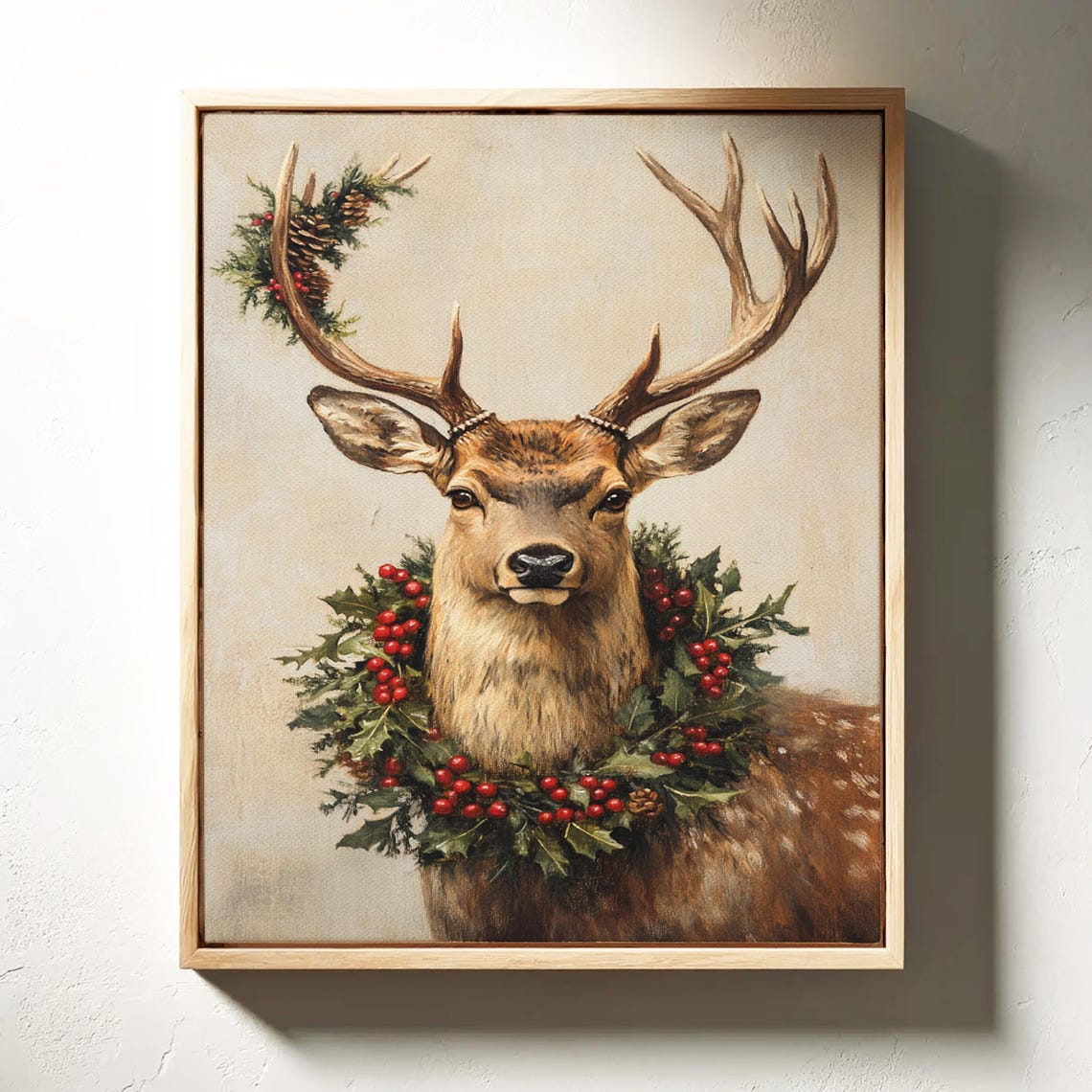 Christmas Stag With Holly Berry Wreath Vintage Holiday Art Poster - Image 4