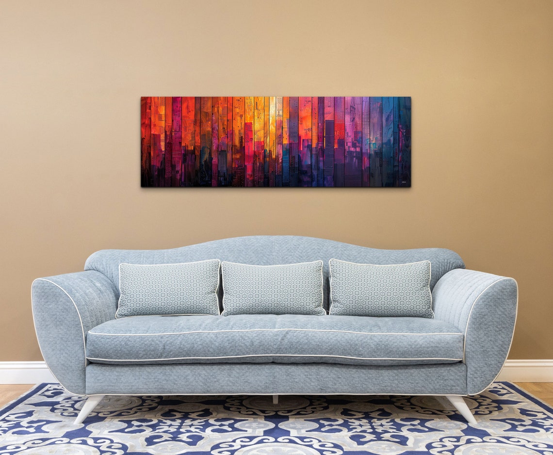 Colorful Urban Skyline Collage On Painted Wood Planks Wall Art - Image 4