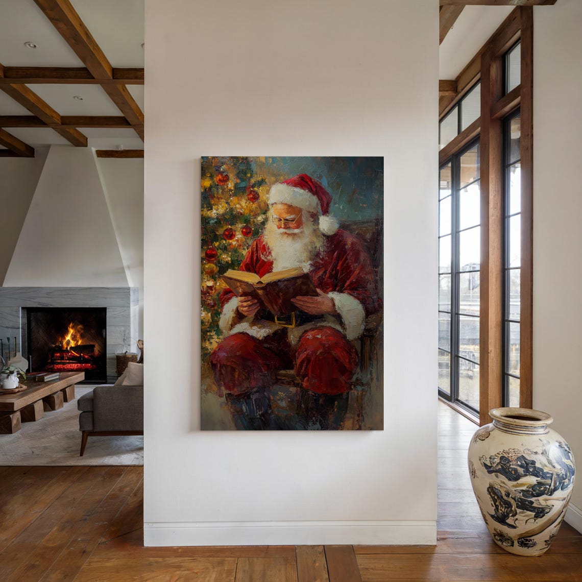 Santa Claus Reading By Glowing Christmas Tree Vintage Poster - Image 4