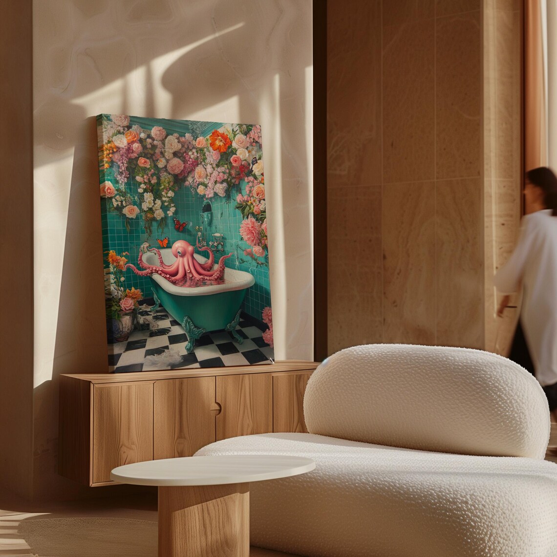 Whimsical Octopus In Floral Bathroom Surreal Art Print - Image 6