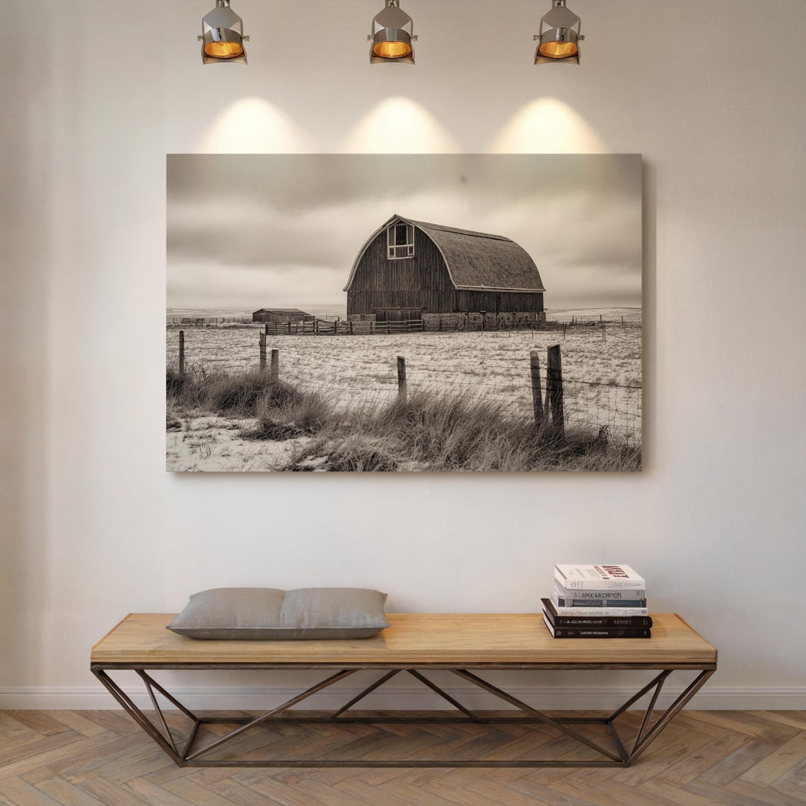 Winter Barn on Snowy Prairie Black and White Rustic Art Poster
