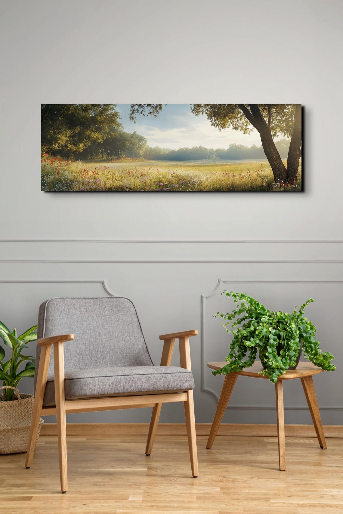 Golden Poppy Meadow Morning Trees Panoramic Landscape Poster - Image 4