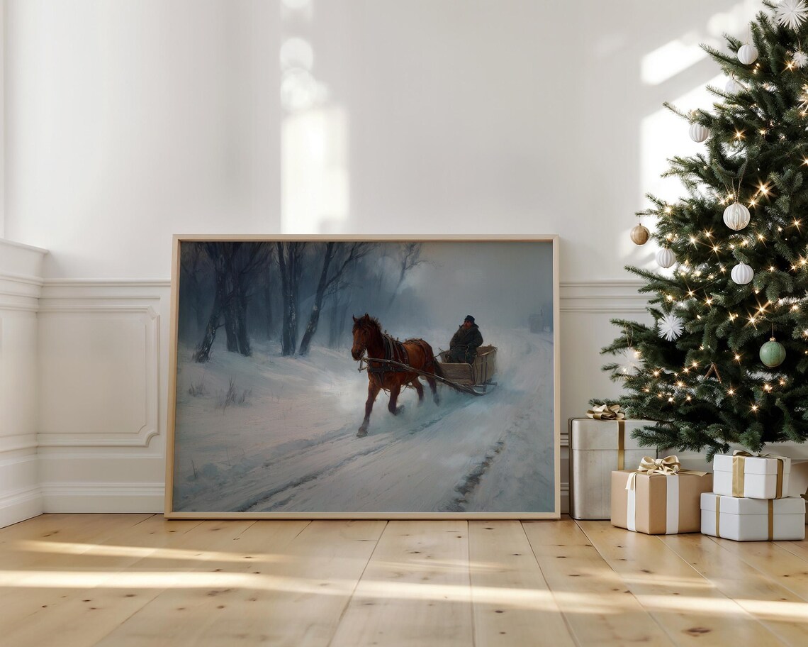 Horse Drawn Sleigh In Snowy Winter Forest Vintage Painting Poster