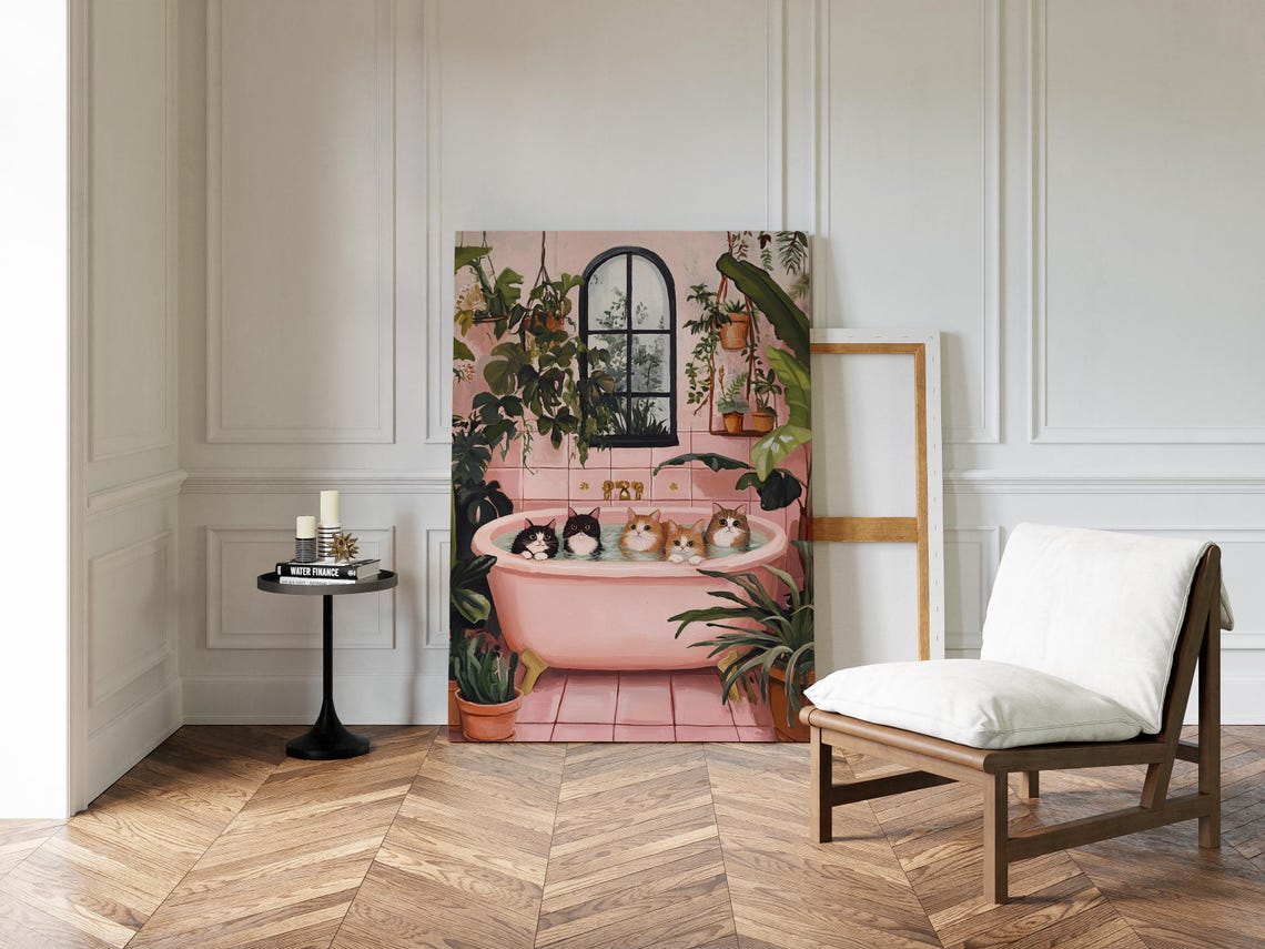 Five Cute Cats In Pink Bathtub Whimsical Bathroom Illustration Poster - Image 3