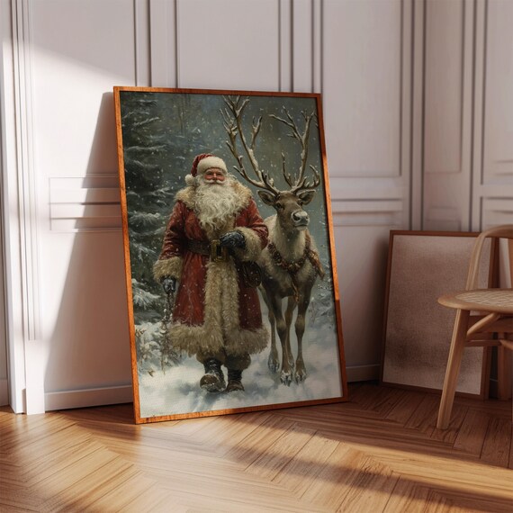 Vintage Santa Claus Reindeer Snowy Forest Poster