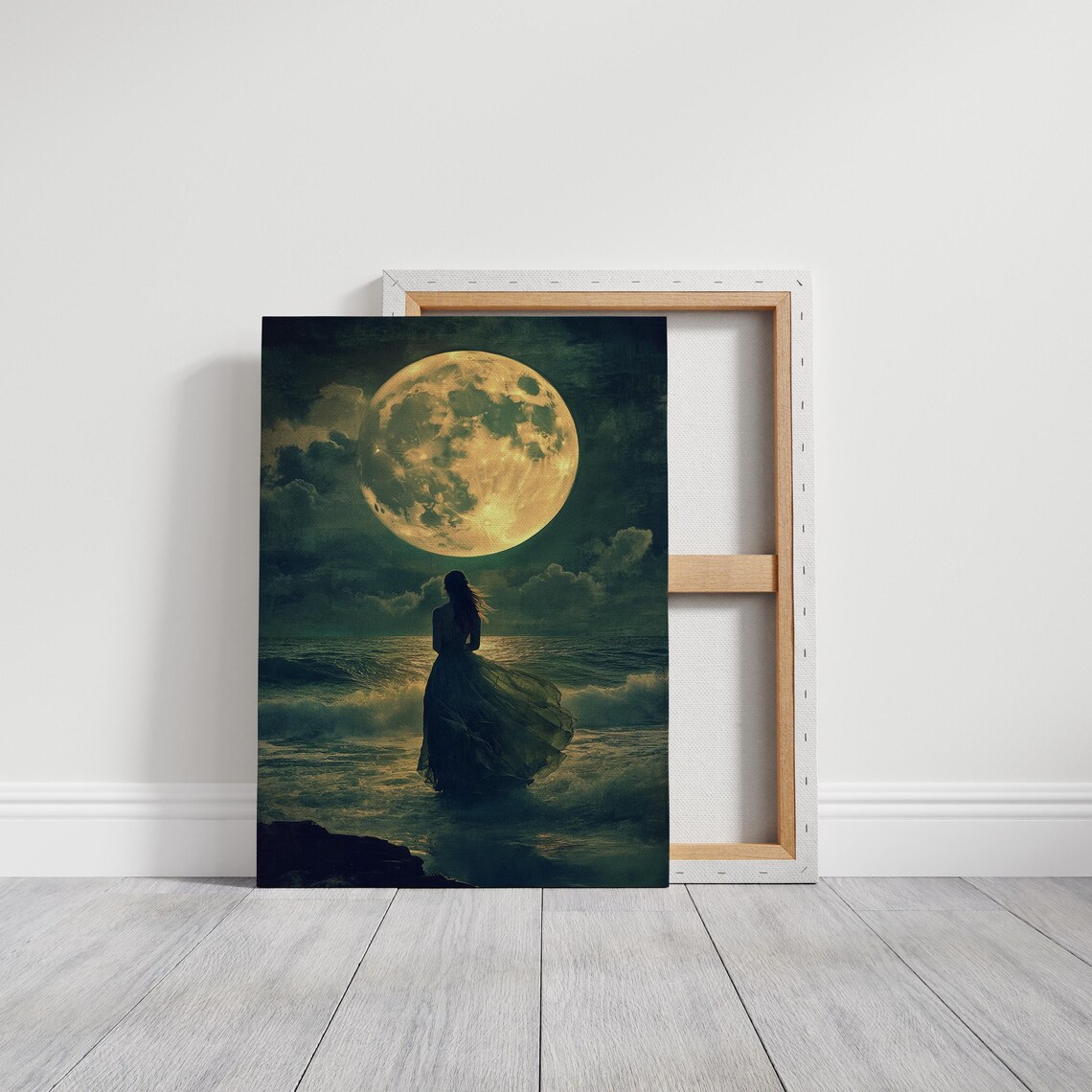 Full Moon Ocean Woman in Flowing Dress Art Print - Image 3
