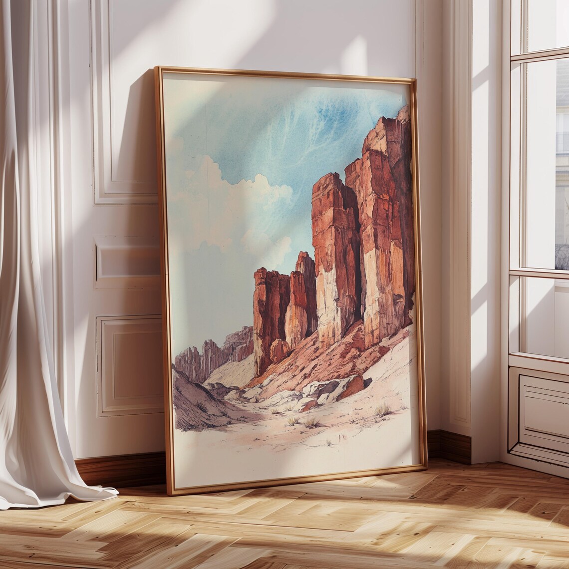 Red Rock Desert Canyon Spires Watercolor Southwest Scene Poster