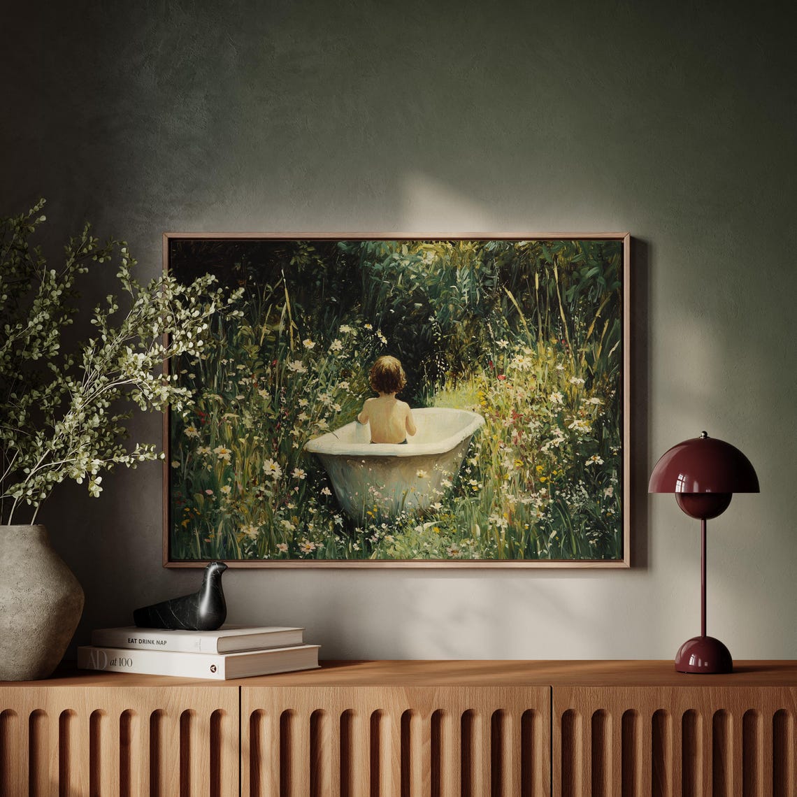 Child Bathtub Garden Wildflowers Whimsical Vintage Nature Art Poster - Image 4