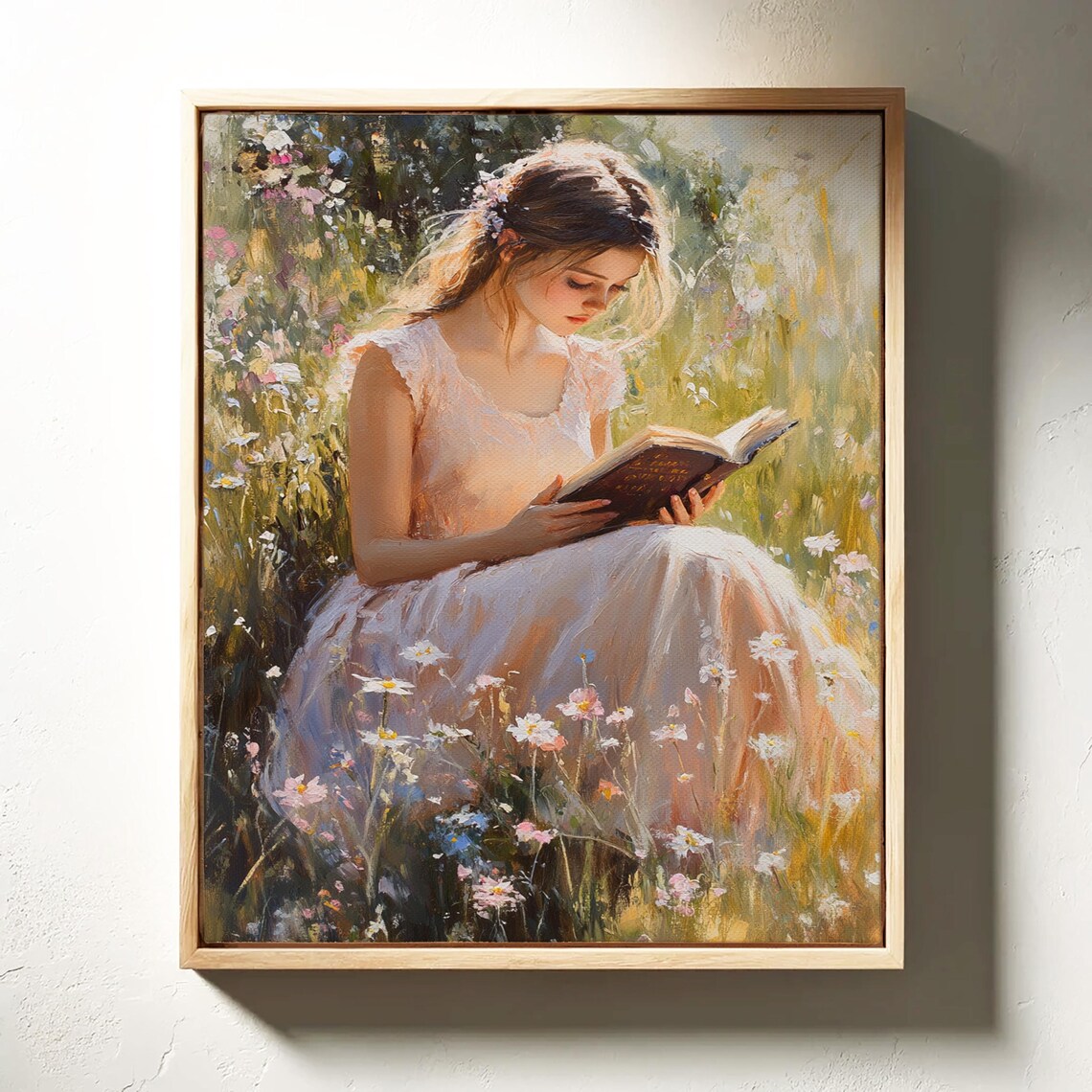 Girl Reading in Wildflower Field Pink Dress Romantic Book Art Print - Image 4