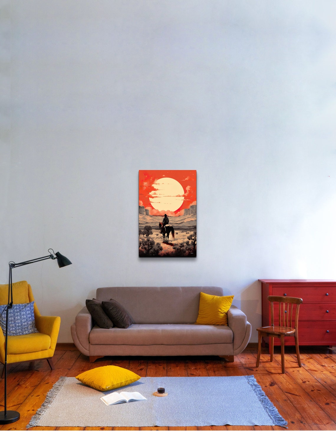 Cowboy Riding Into The Sunset Desert Giant Red Sun Scene Poster - Image 3