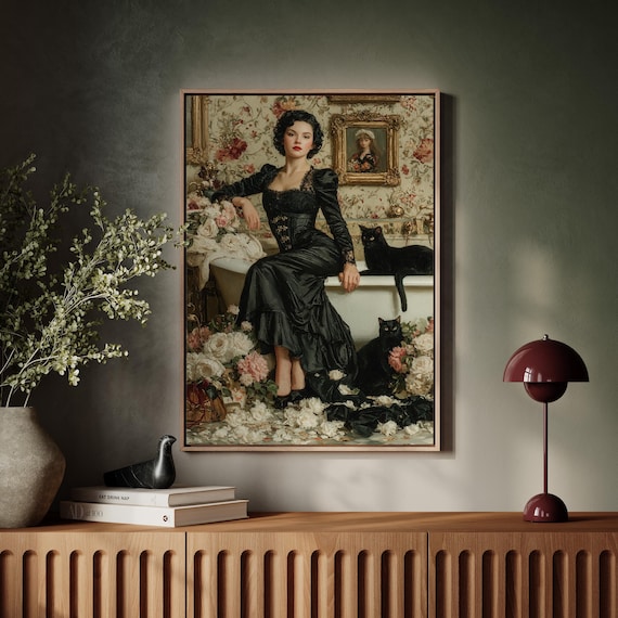 Elegant Gothic Lady with Black Cats Vintage Floral Setting Poster