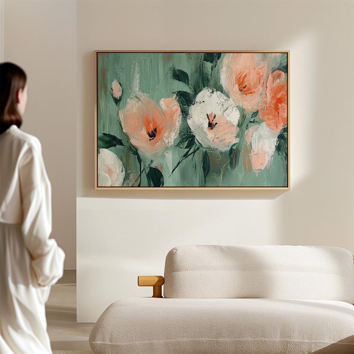 Peach White Poppy Blooms On Sage Green Modern Floral Art Poster - Image 7