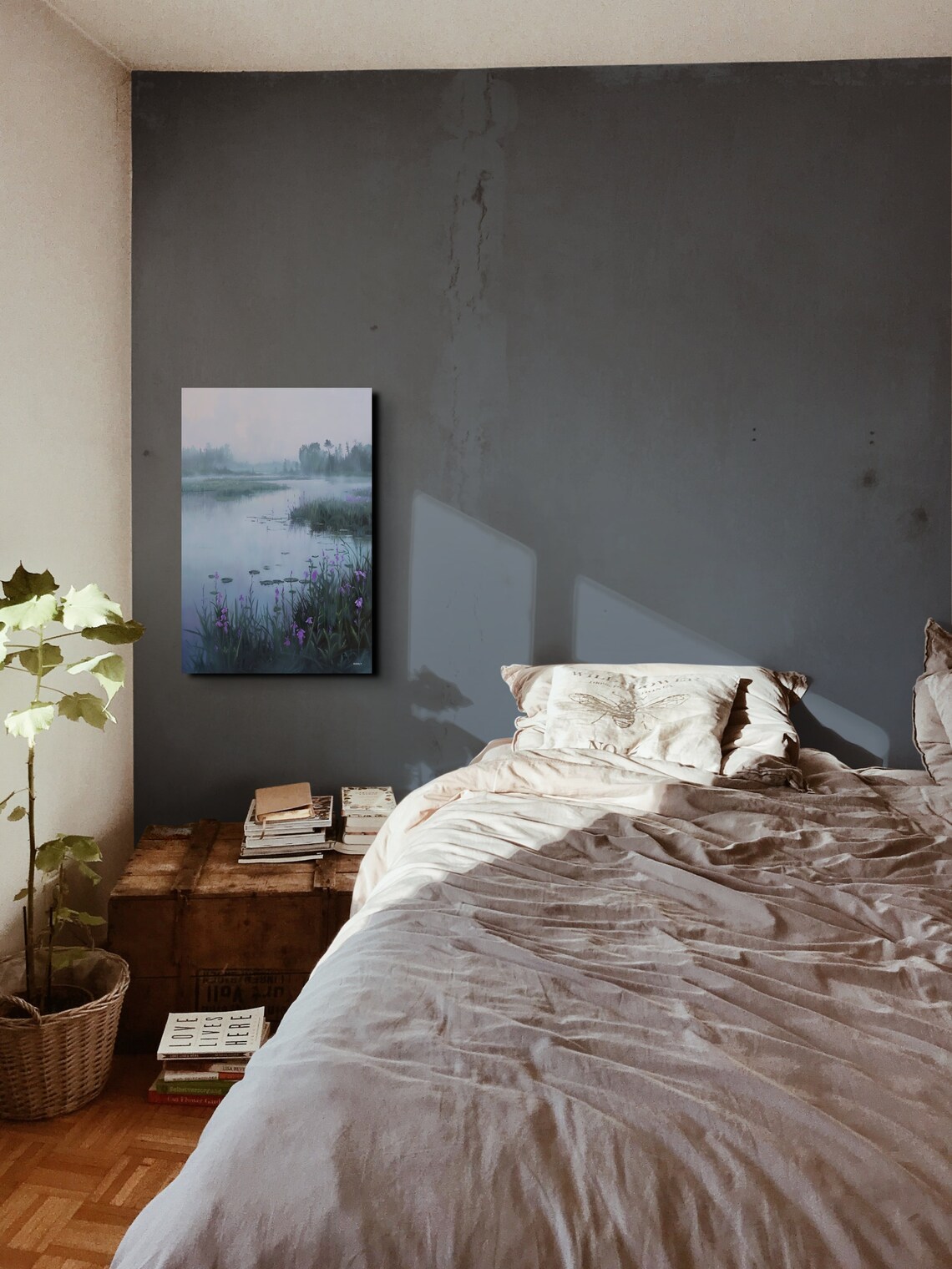 Purple Iris Blooms Beside Foggy Still Lake Floral Art Poster - Image 5