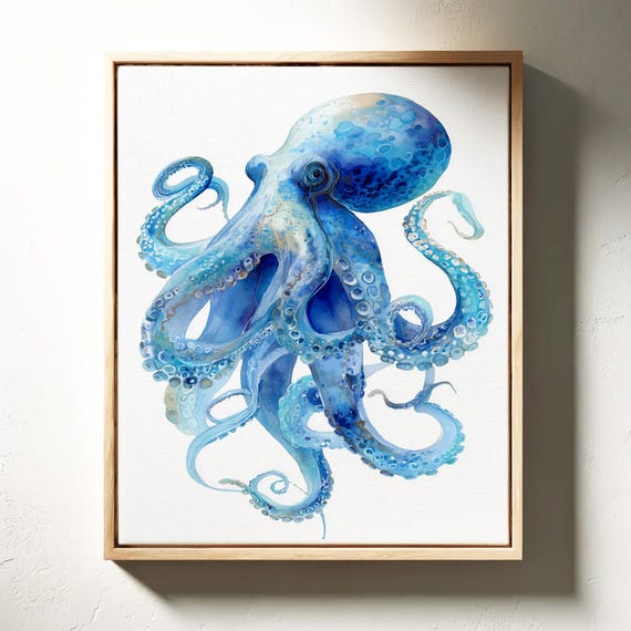 Blue Octopus Watercolor Ocean Art Print