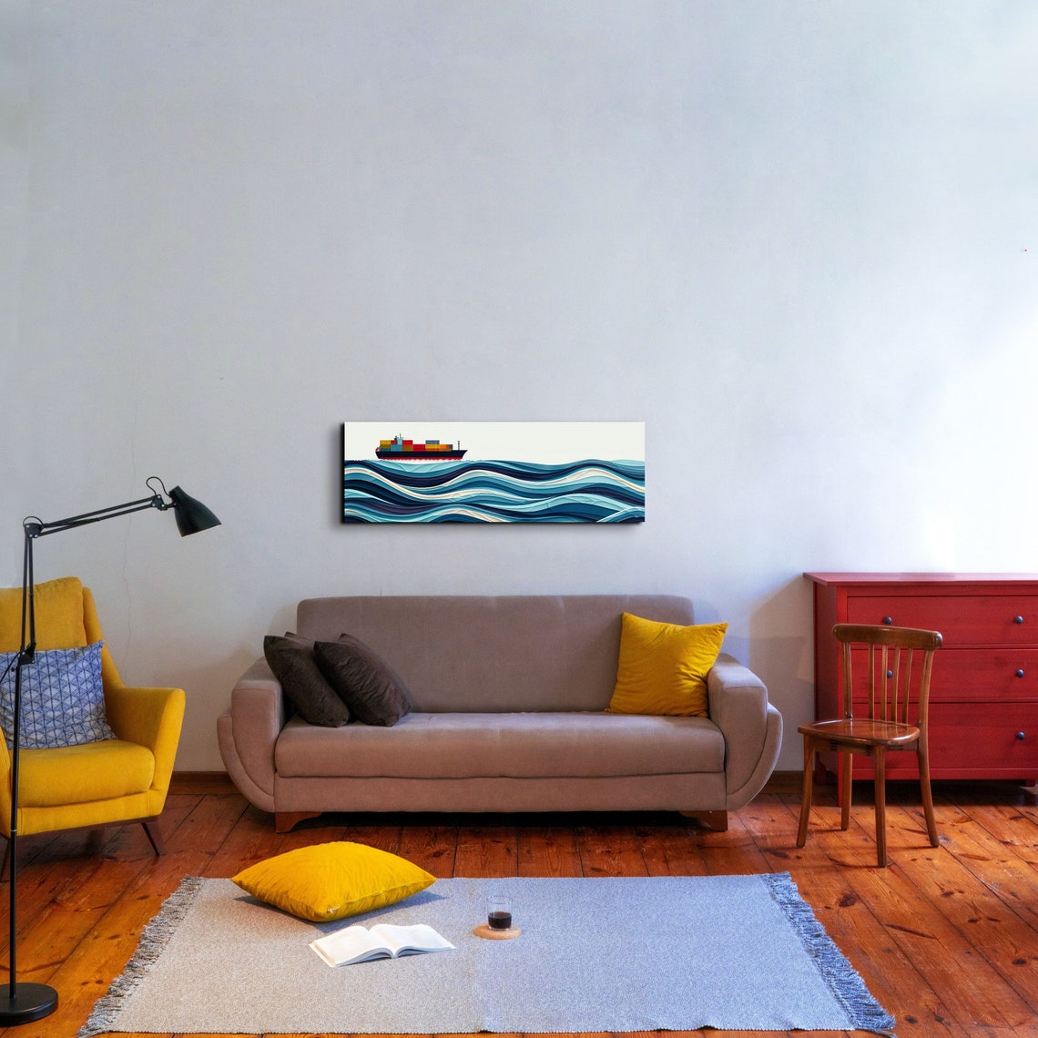 Minimalist Panoramic Cargo Ship On Layered Blue Ocean Waves Poster - Image 4