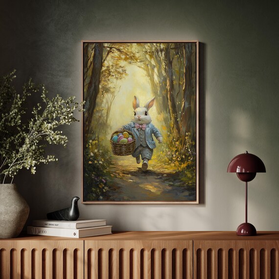 Easter Bunny With Egg Basket, Rustic Spring Art Print